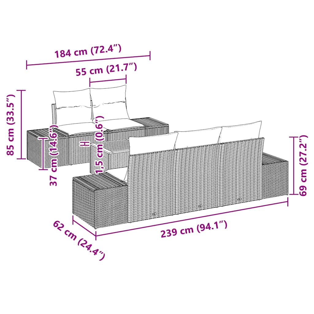 Set Divano da Giardino con cuscino 6 pcs Beige Poly Rattan - immagine 8