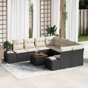 Set Divano da Giardino con cuscino 9 pcs Nero polyrattan