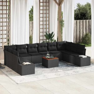 Set Divano da Giardino con cuscino 11 pcs Nero Poly Rattan