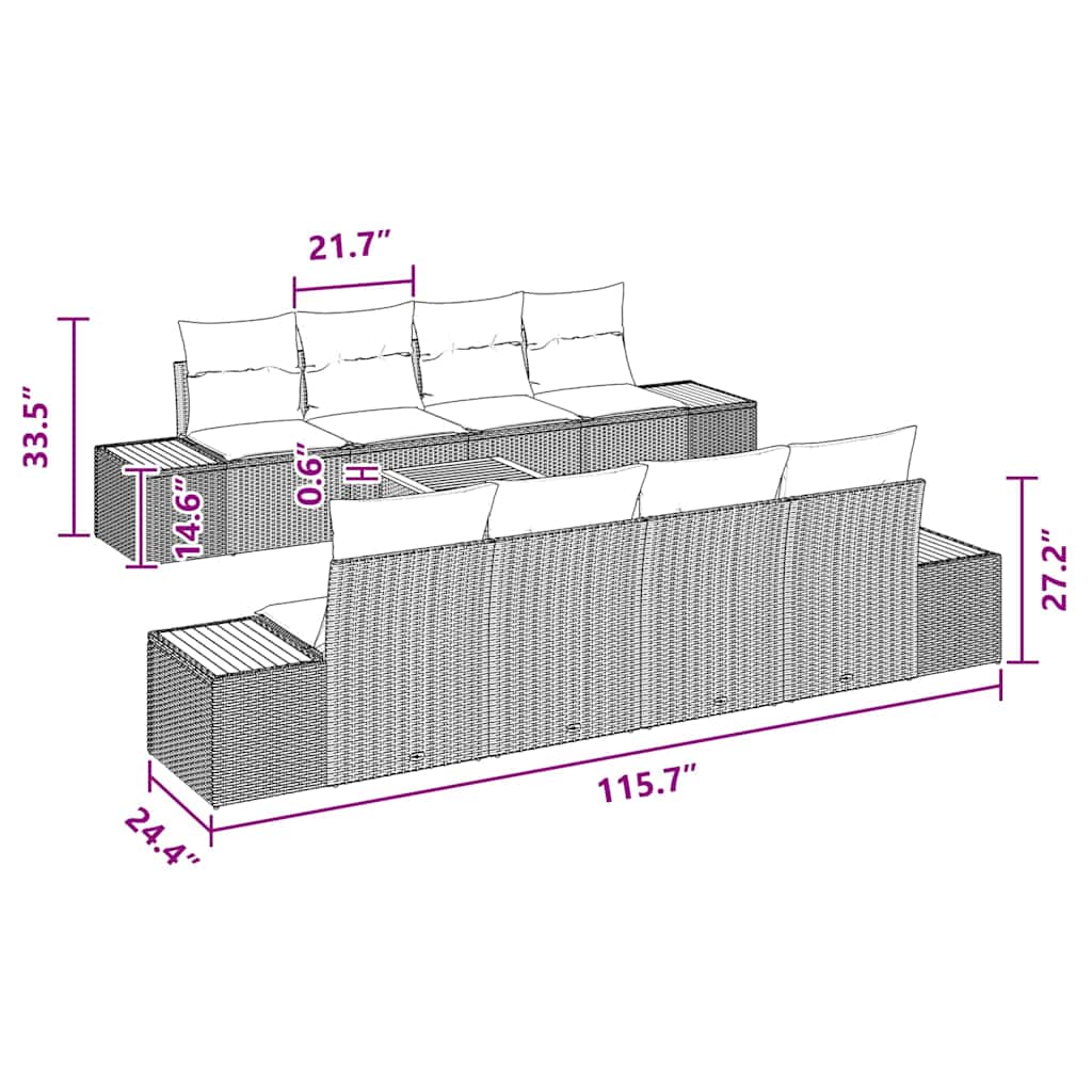 Set Divano da Giardino con cuscino 9 pcs Nero Poly Rattan - immagine 8