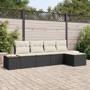Set Divano da Giardino con cuscino 5 pcs Nero Poly Rattan