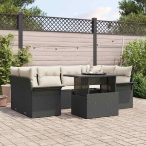 Set Divano da Giardino con cuscino 7 pcs Nero Poly Rattan