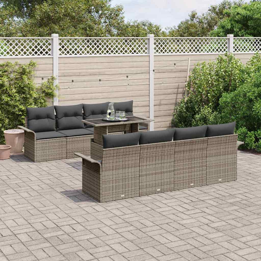 Set Divano da Giardino con cuscino 9 pcs Grigio polyrattan