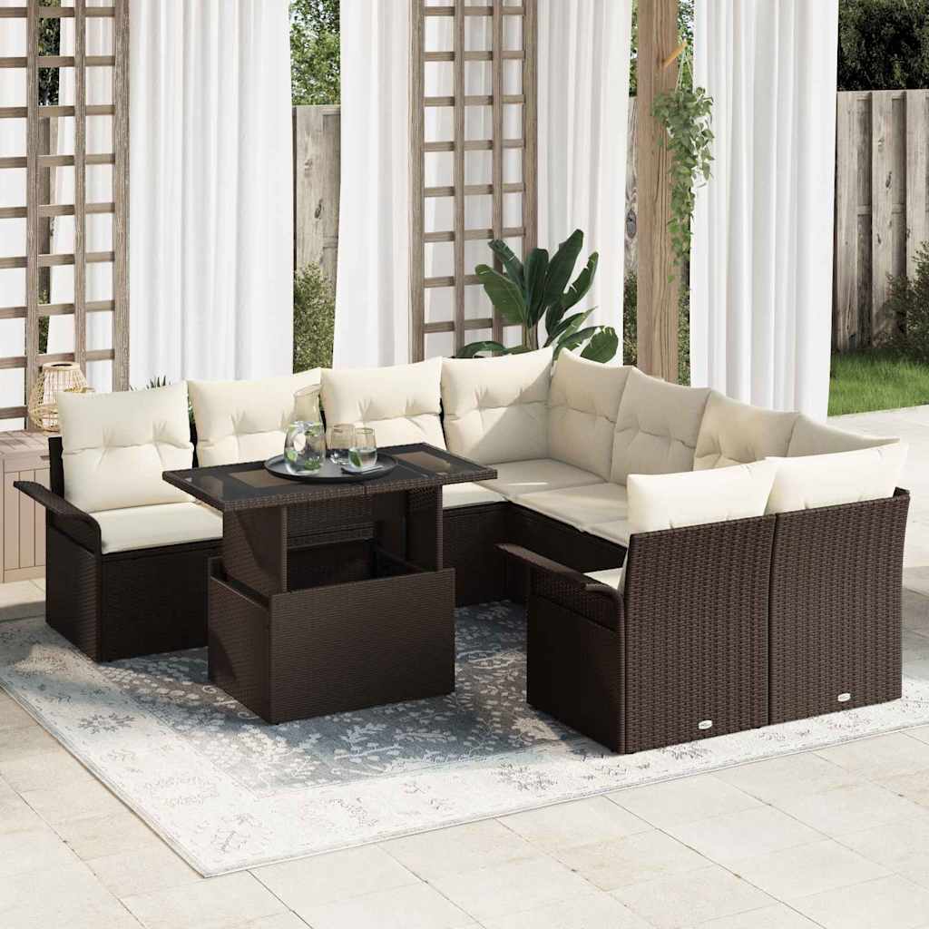 Set Divano da Giardino con cuscino 9 pcs Marrone Poly Rattan