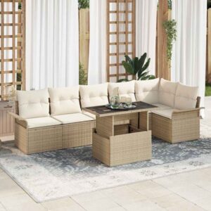 Set Divano da Giardino con cuscino 7 pcs Beige Poly Rattan