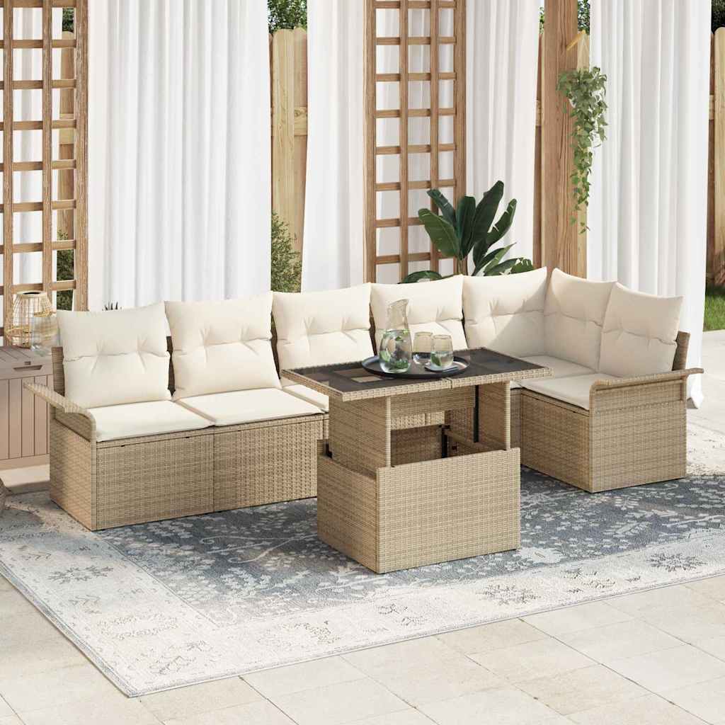 Set Divano da Giardino con cuscino 7 pcs Beige Poly Rattan