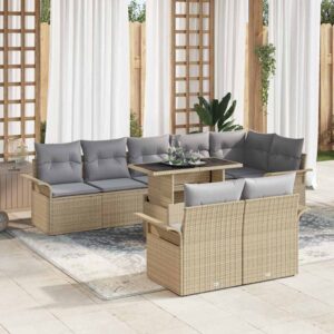 Set Divano da Giardino con cuscino 9 pcs Beige Poly Rattan