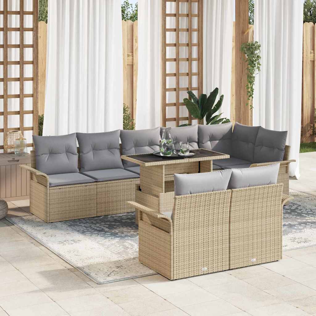Set Divano da Giardino con cuscino 9 pcs Beige Poly Rattan
