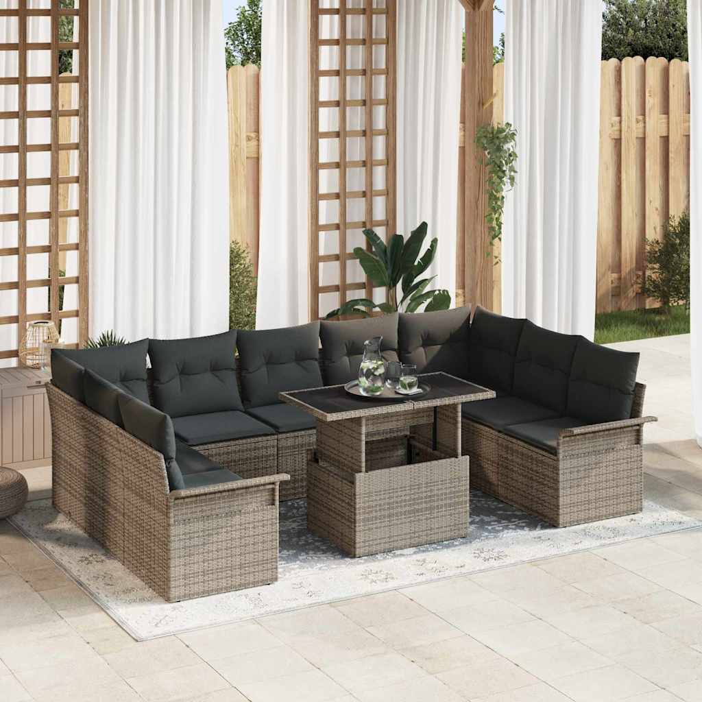 Set Divano da Giardino con cuscino 10 pcs Grigio Poly Rattan