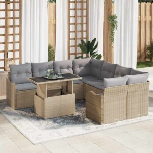 Set Divano da Giardino con cuscino 9 pcs Beige Poly Rattan