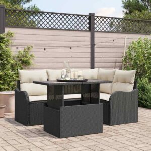 Set Divano da Giardino con cuscino 5 pcs Nero Poly Rattan
