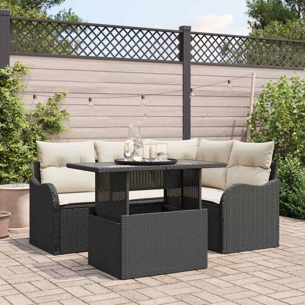 Set Divano da Giardino con cuscino 5 pcs Nero Poly Rattan