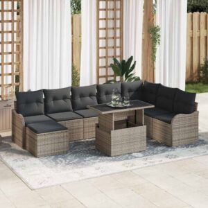 Set Divano da Giardino con cuscino 9 pcs Grigio Poly Rattan