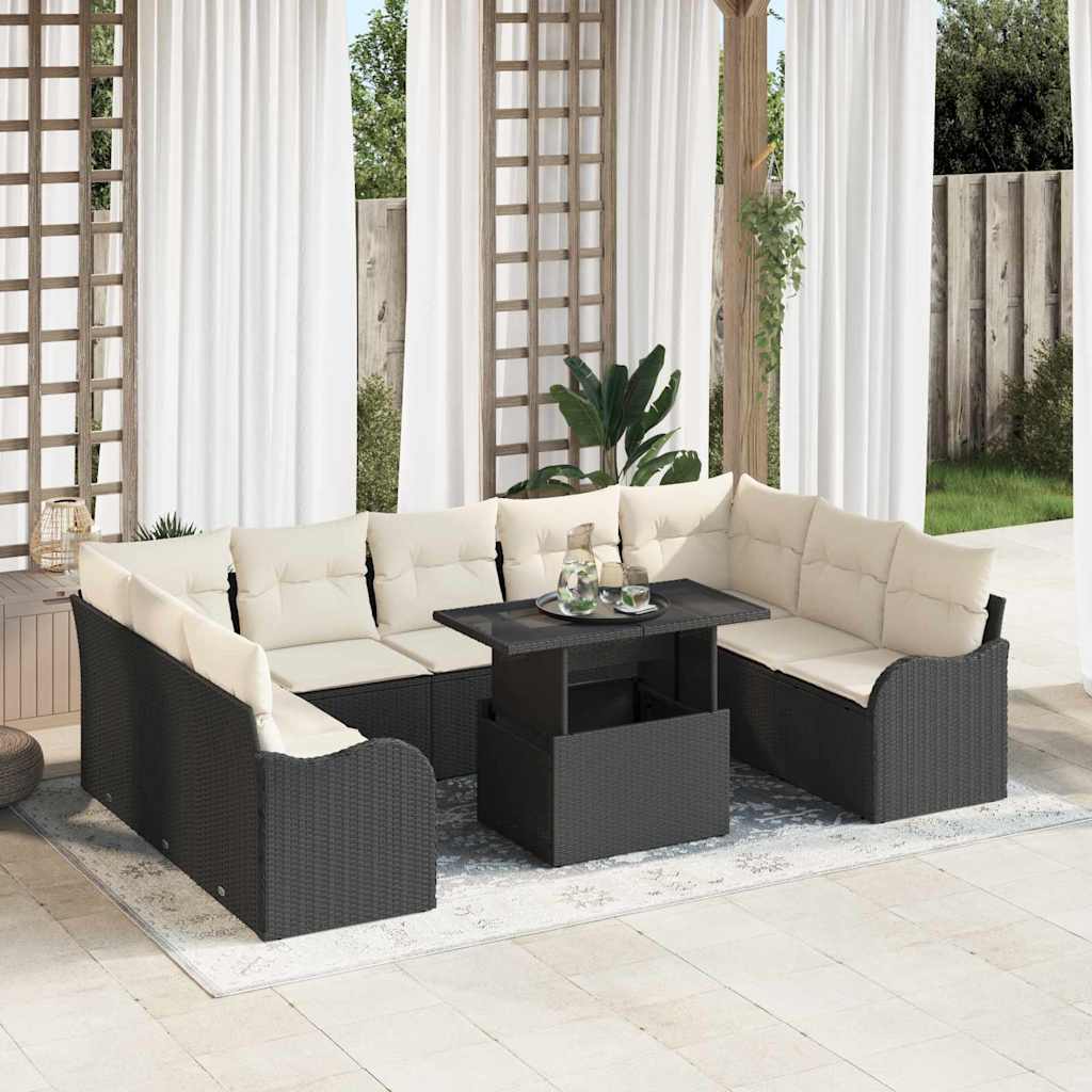 Set Divano da Giardino con cuscino 10 pcs Nero Poly Rattan