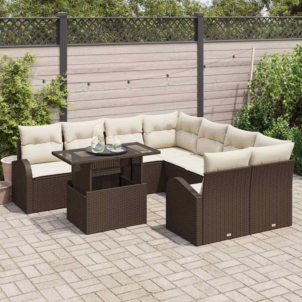 Set Divano da Giardino con cuscino 9 pcs Marrone Poly Rattan - immagine 3