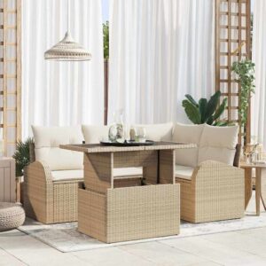 Set Divano da Giardino con cuscino 5 pcs Beige Poly Rattan