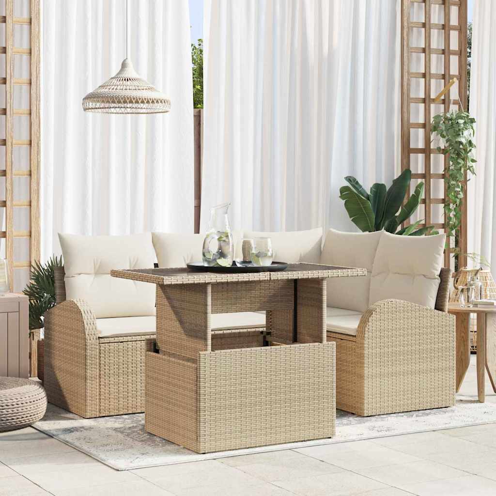 Set Divano da Giardino con cuscino 5 pcs Beige Poly Rattan