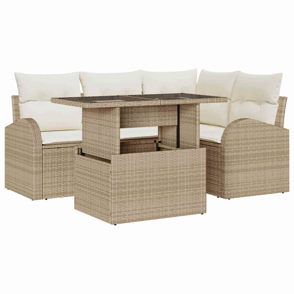 Set Divano da Giardino con cuscino 5 pcs Beige Poly Rattan - immagine 2