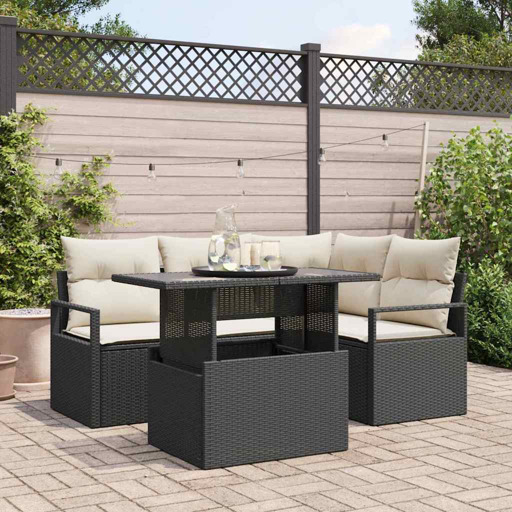 Set Divano da Giardino 5 pcs Nero e crema polyrattan