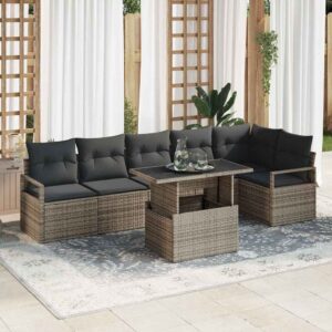 Set Divano da Giardino con cuscino 7 pcs Grigio Poly Rattan