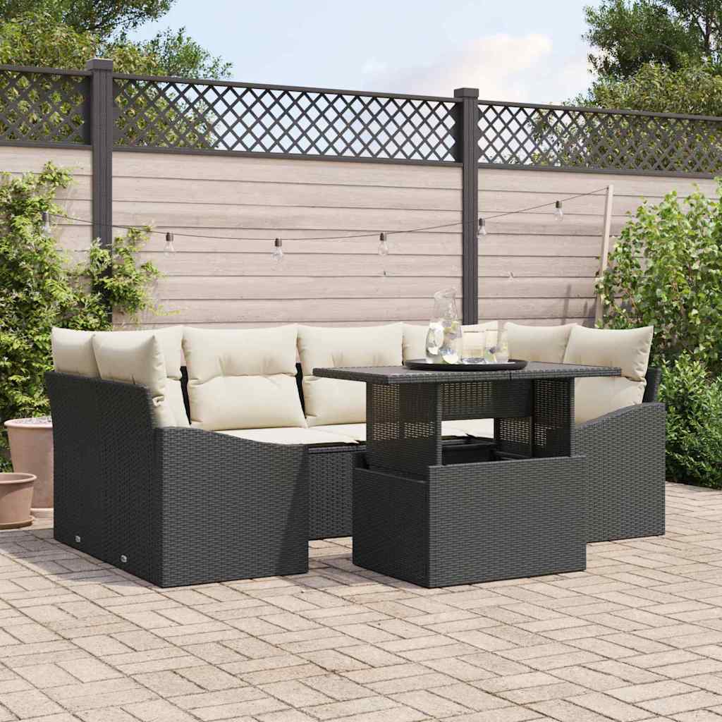 Set Divano da Giardino 7 pcs Nero e crema polyrattan
