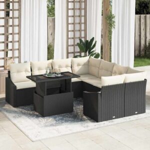 Set Divano da Giardino 9 pcs Nero e Crema polyrattan