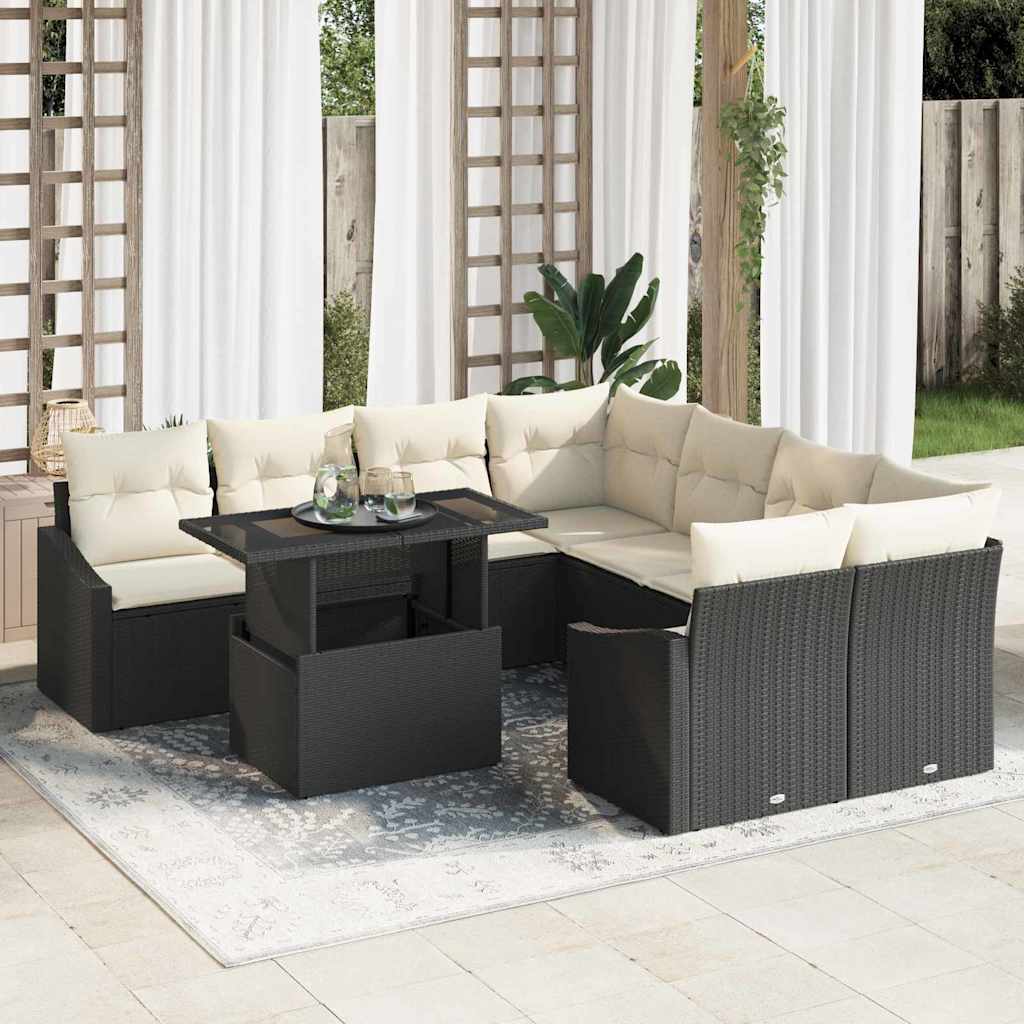 Set Divano da Giardino 9 pcs Nero e Crema polyrattan