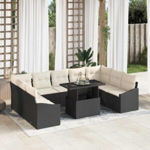 Set Divano da Giardino 10 pcs Nero e crema 100 x 55 x 73 cm