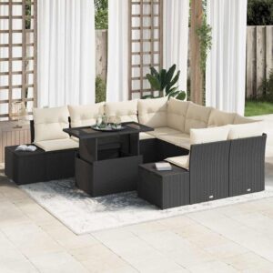Set Divano da Giardino 9 pcs Nero e Crema polyrattan