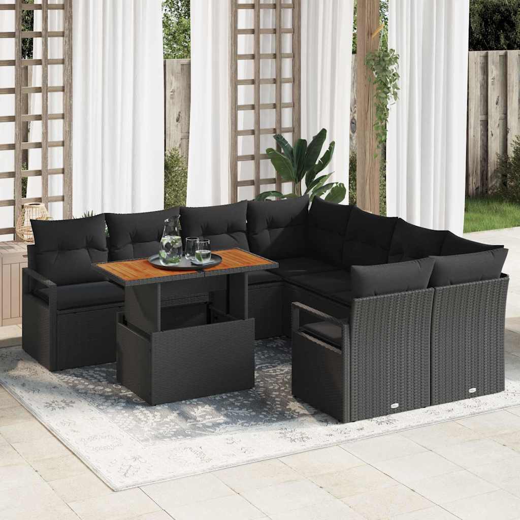 Set da Pranzo per Giardino con cuscino 9 pcs Nero e Marrone