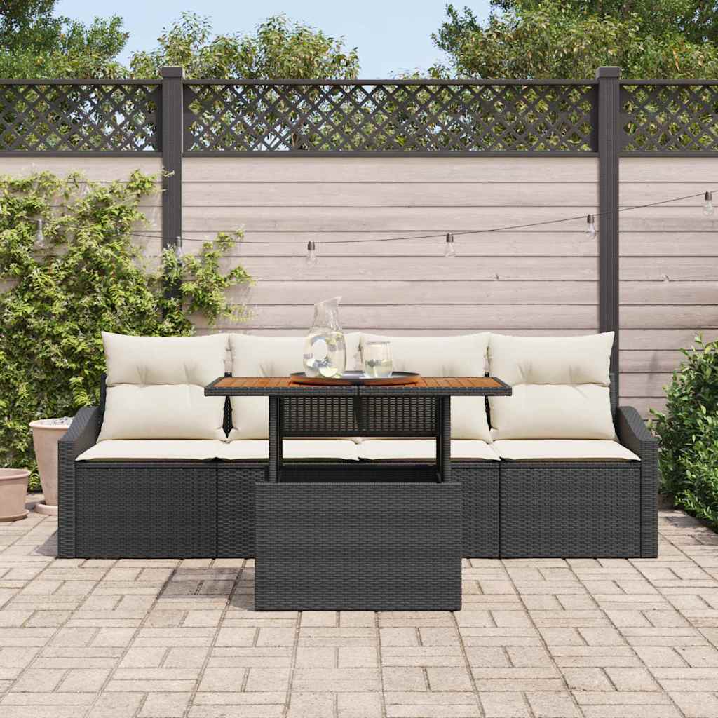 Set Divano da Giardino con cuscino 5 pcs Nero Poly Rattan - immagine 3