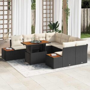 Set da Pranzo per Giardino con cuscino 9 pcs Nero e Beige