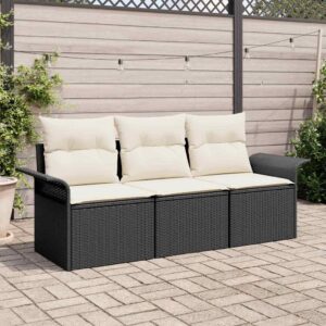 Set Divano da Giardino con cuscino 3 pcs Nero Poly Rattan