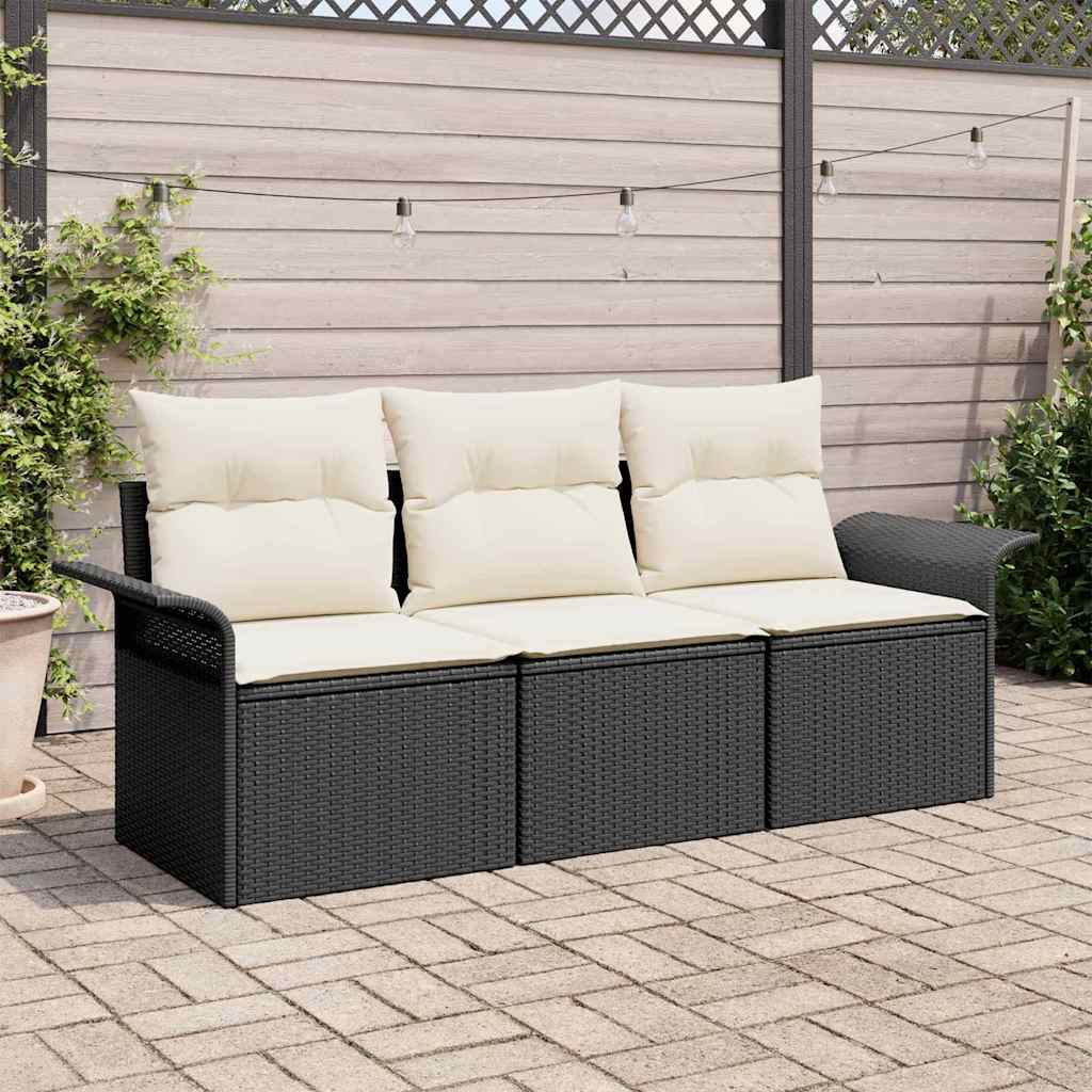 Set Divano da Giardino con cuscino 3 pcs Nero Poly Rattan
