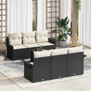 Set Divano da Giardino 7 pcs Nero e Crema polyrattan
