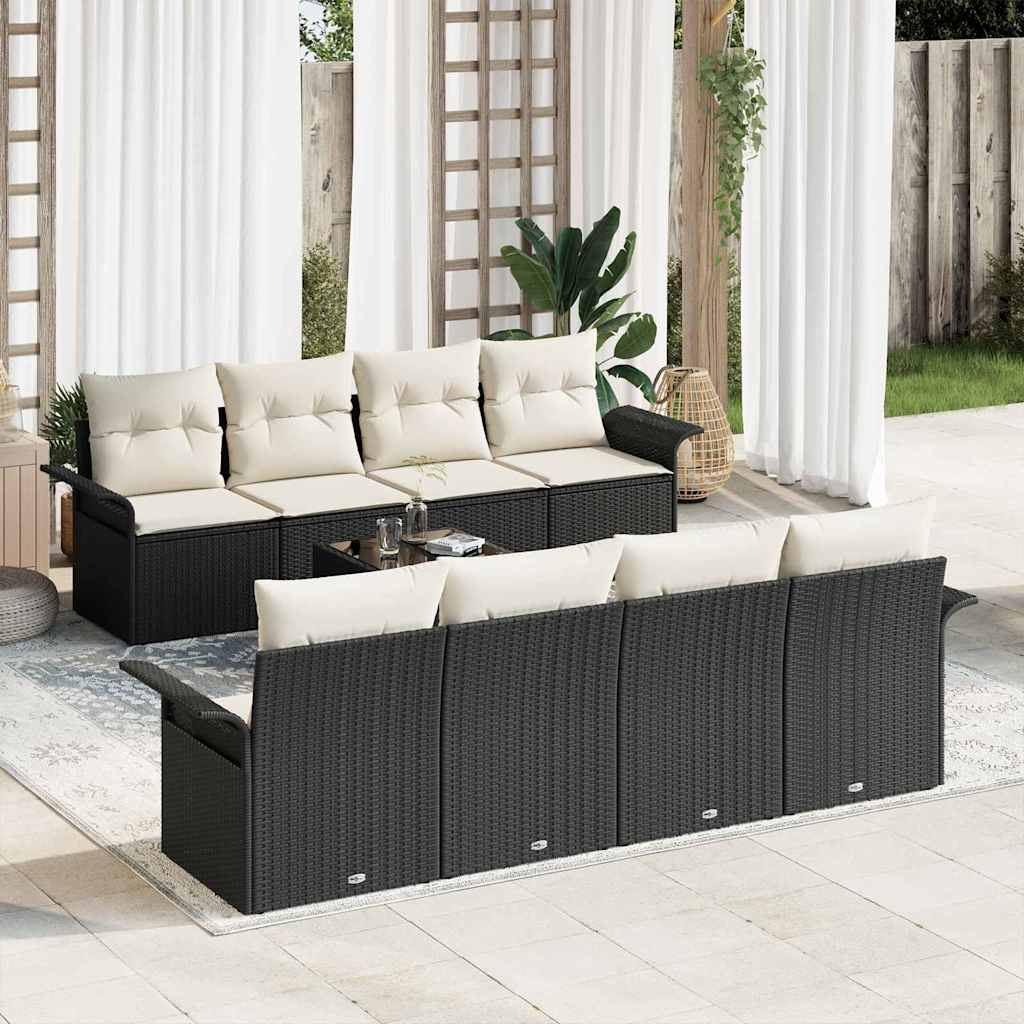 Set Divano da Giardino 9 pcs Nero e Crema polyrattan