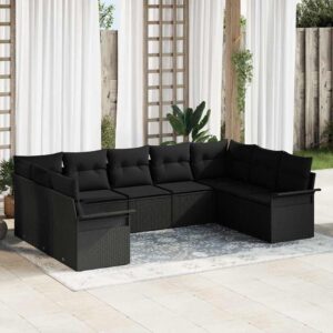 Set Divano da Giardino con cuscino 9 pcs Nero Poly Rattan