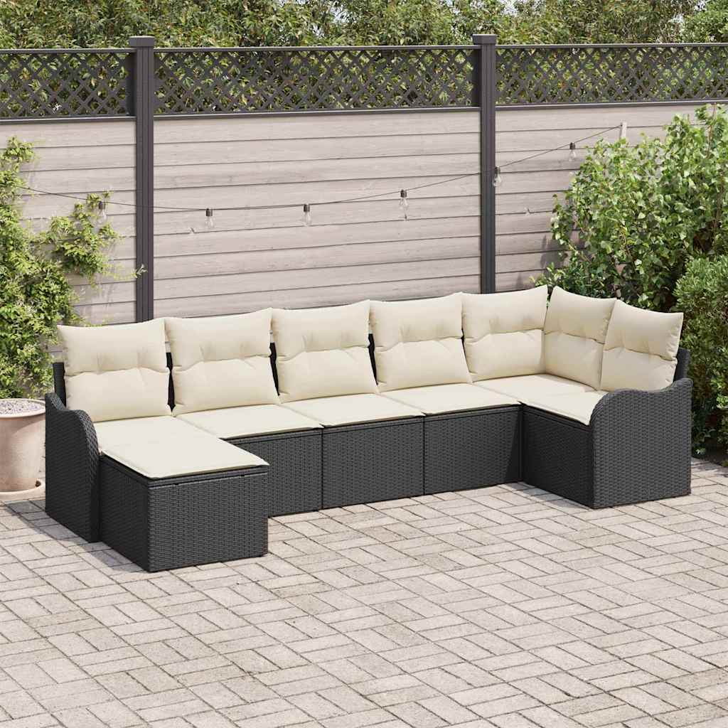 Set Divano da Giardino 7 pcs Nero e bianco Poly Rattan
