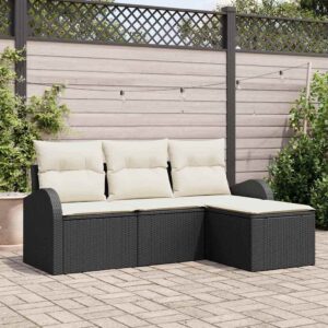 Set Divano da Giardino 4 pcs Nero e bianco Poly Rattan