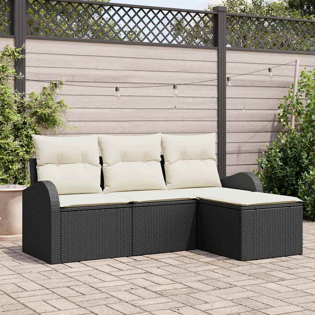 Set Divano da Giardino 4 pcs Nero e bianco Poly Rattan