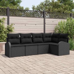Set Divano da Giardino con cuscino 5 pcs Nero Poly Rattan