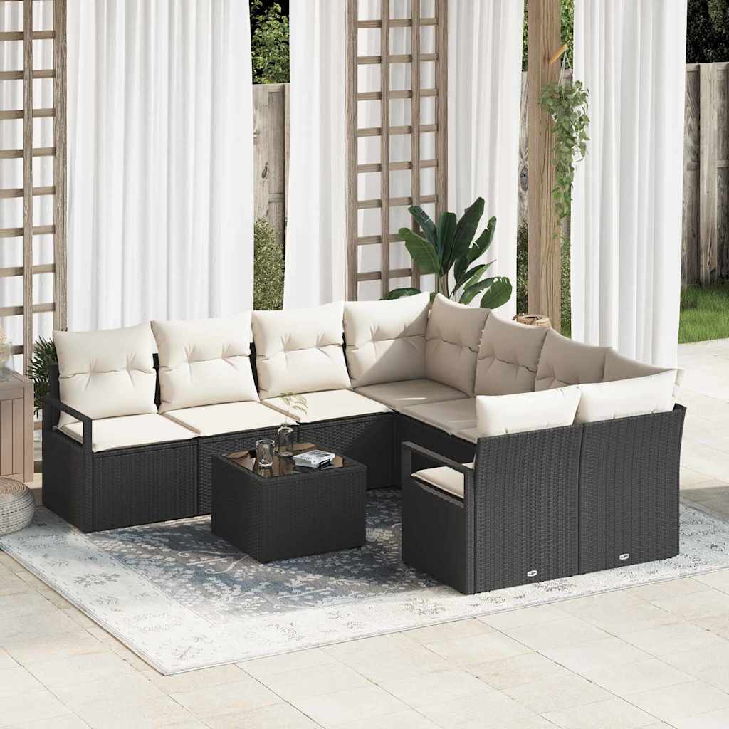 Set Divano da Giardino 9 pcs Nero e Crema 55 x 55 x 37 cm