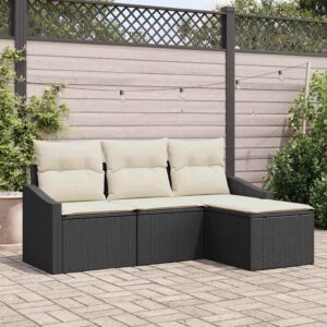 Set di divani con cuscino 4 pcs Nero e Crema polyrattan