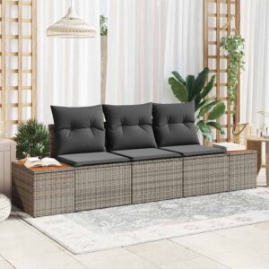 Set Divano da Giardino con cuscino 3 pcs Grigio Poly Rattan