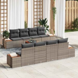Set Divano da Giardino con cuscino 9 pcs Grigio Poly Rattan