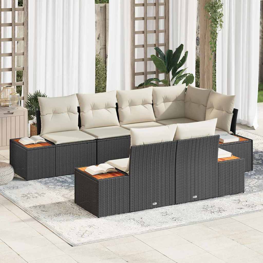 Set Divano da Giardino 7 pcs Nero e crema Poly Rattan