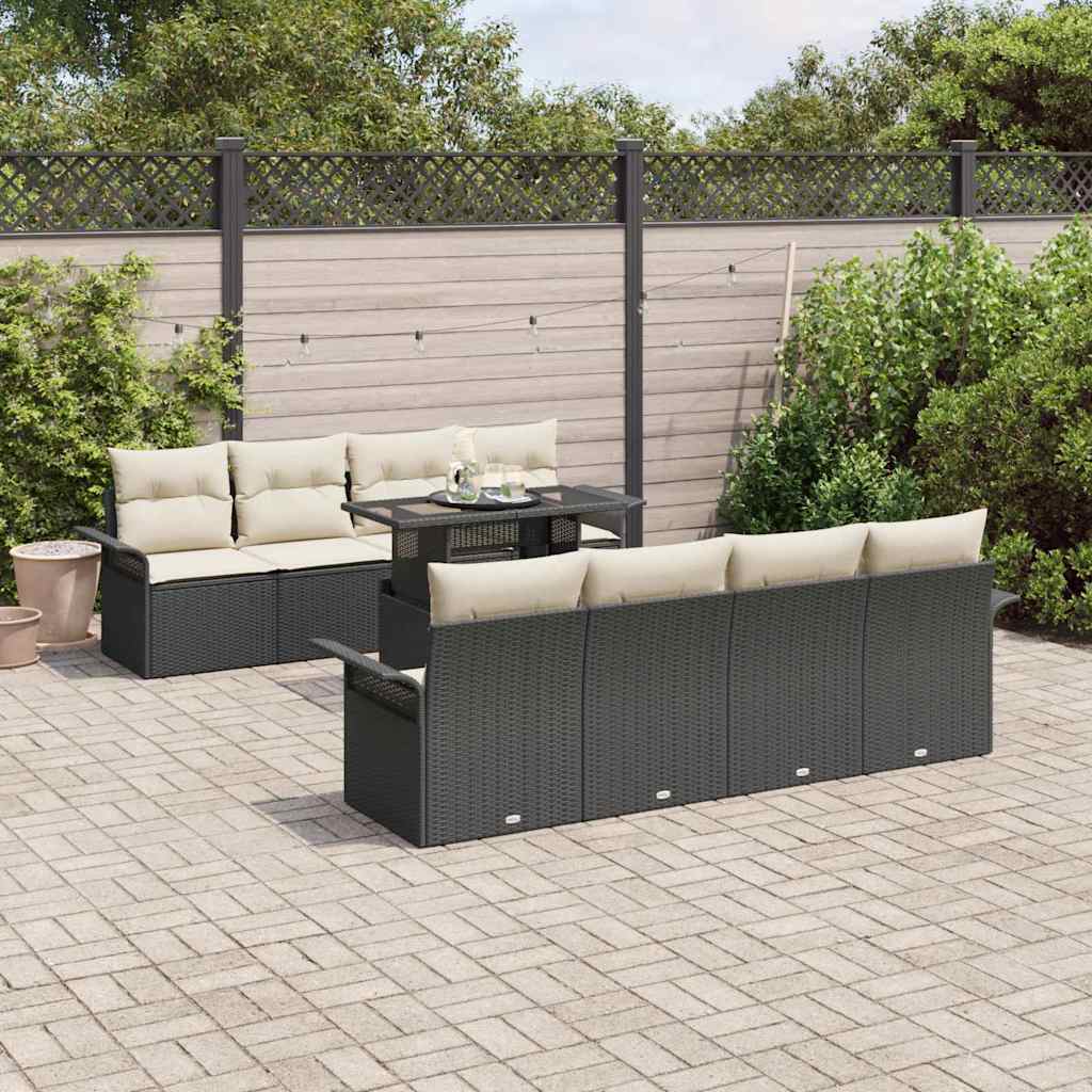 Set Divano da Giardino con cuscino 9 pcs Nero Poly Rattan