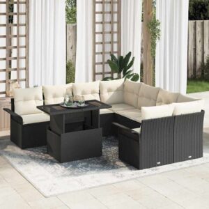 Set Divano da Giardino con cuscino 9 pcs Nero Poly Rattan