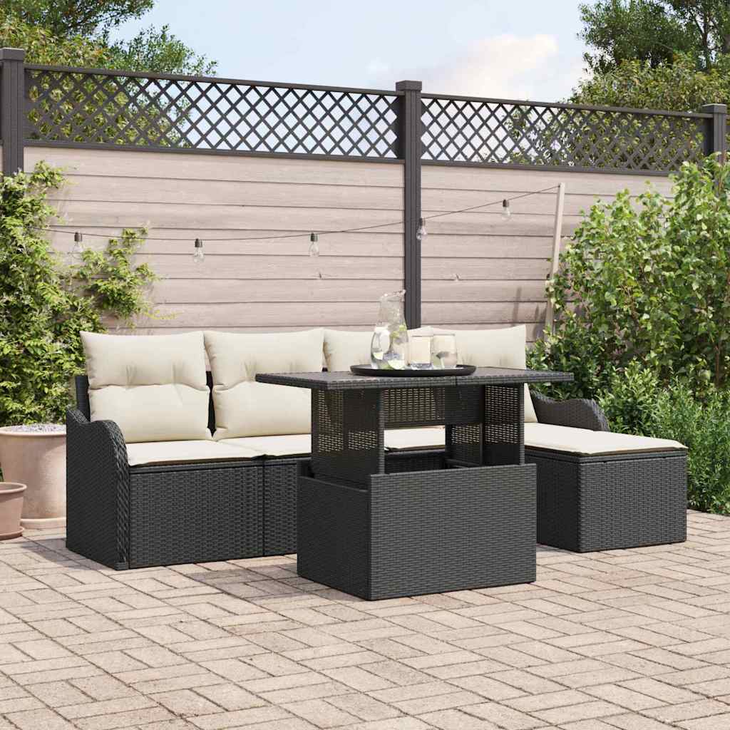 Set Divano da Giardino con cuscino 6 pcs Nero Poly Rattan