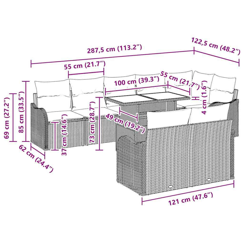 Set Divano da Giardino 9 pcs Beige 100 x 55 x 73 cm Poly Rattan - immagine 6